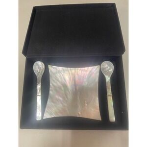 Mother of Pearl 3pc Boxed Caviar Set Iridescent  Two Spoons One Square Dish NIB
